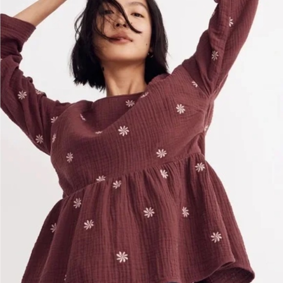 Madewell embroidered lightspun open back peplum top, xs - Picture 1 of 4